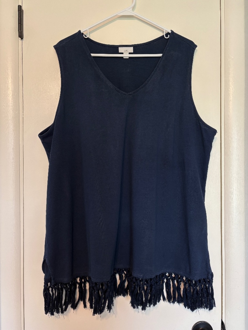 J. Jill Women's Plus Linen-Blend Tassel Trim Fringe Tank Top Shirt 3X Navy Blue
